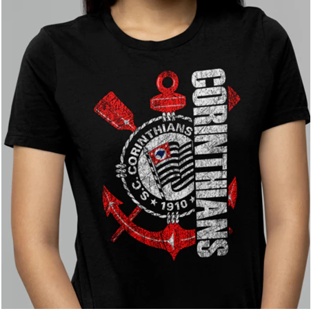 Camiseta Camisa Blusa Feminina 100% Algodão Camiseta Preta do Time do Corinthians
