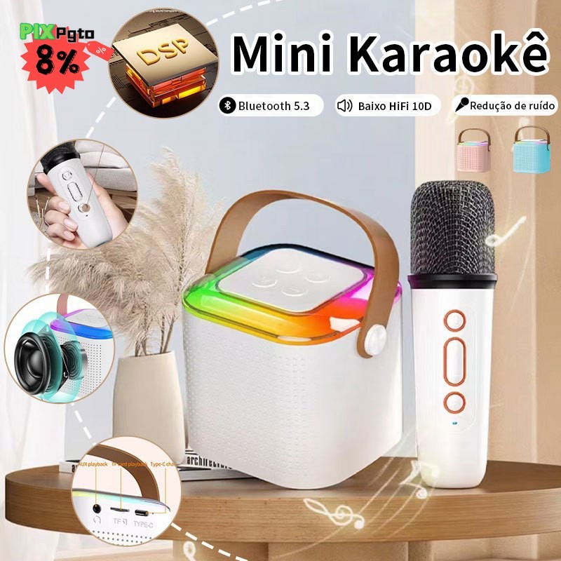 Caixa de Som Portátil Bluetooth 5.0 Mini portátil com 2 microfone Brincadeiras em Família