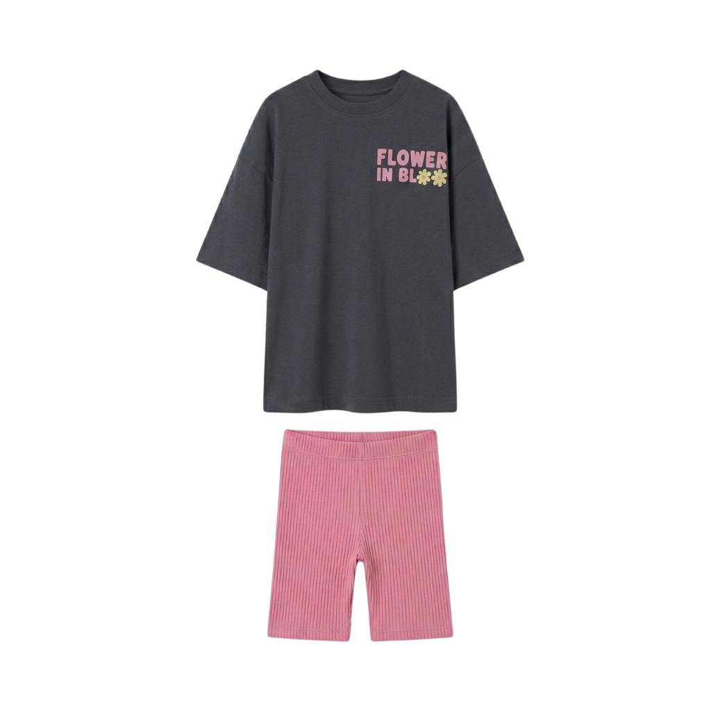 Conjunto Infantil Menina Camiseta Estampada over Size Short Ciclista Ribana Rosa em Oferta na Shopee