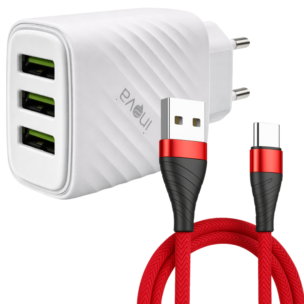 Carregador Celular Fonte USB 3 Entradas Com Cabo Carregador 2 Metros iPhone Android V8 Tipo C em Oferta na Shopee