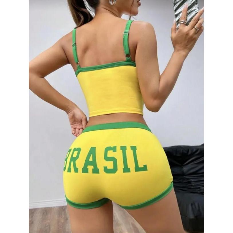 Conjunto Kit Brasil Cropped Alcinha e Short Curto Copa do Mundo 2026 verde e amarelo
