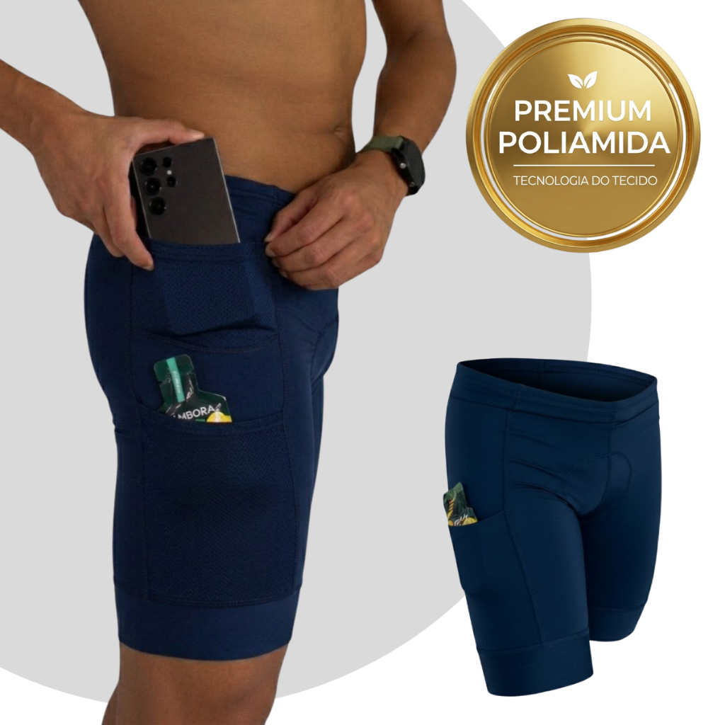 Bermuda Triathlon Masculina com Compressão Forro Interno 4 Bolsos Esportiva Poliamida Elastano