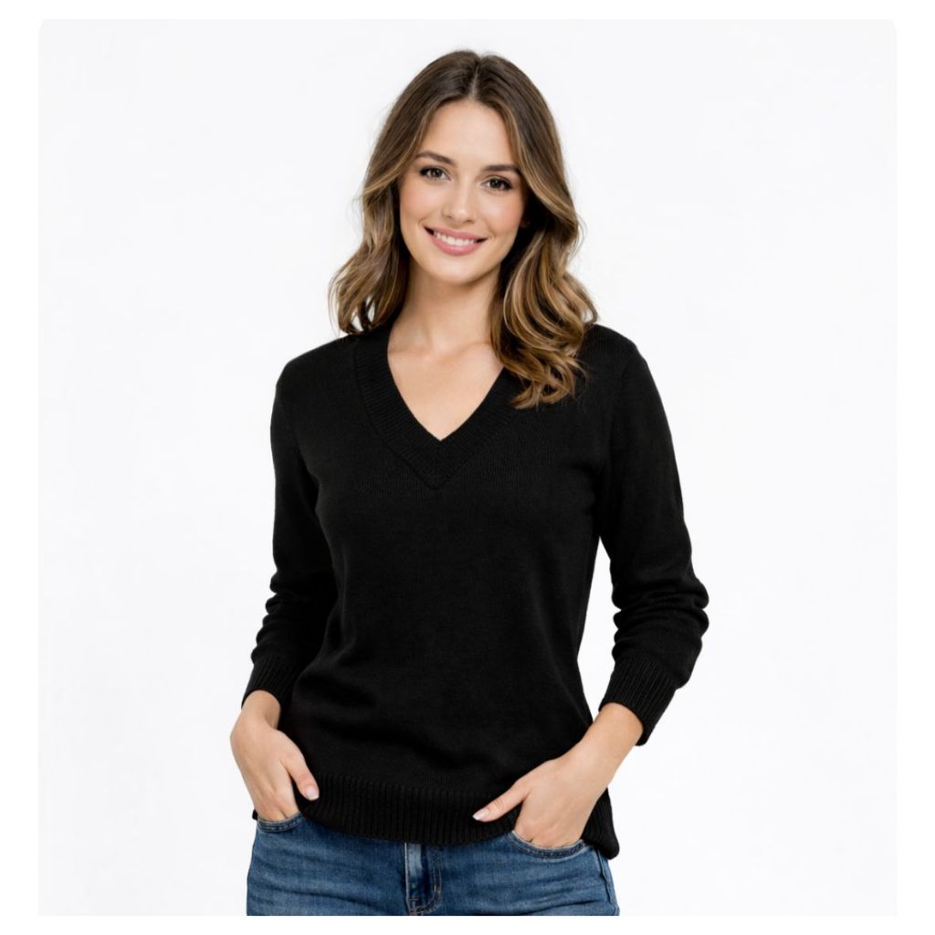 Blusa Feminina Tricot Básica Decote V Elastano Inverno Segunda Pele Quentinha
