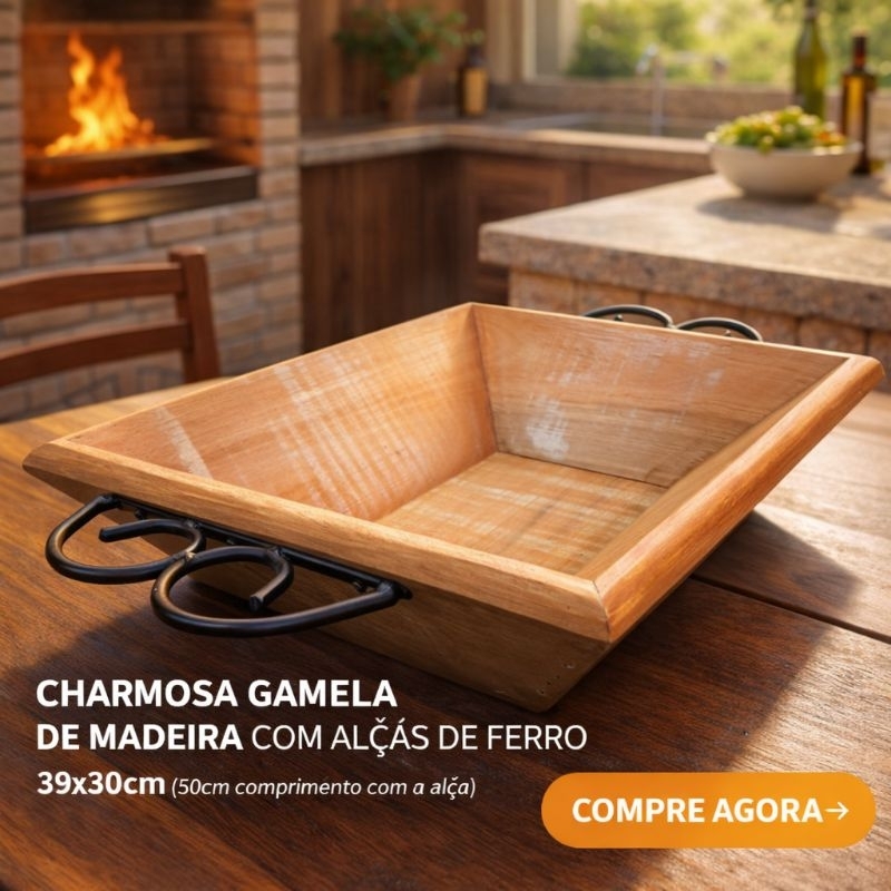 GAMELA DE MADEIRA RÚSTICA COM ALÇA DE FERRO FRUTEIRA DE MADEIRA ÁREA GOURMET
