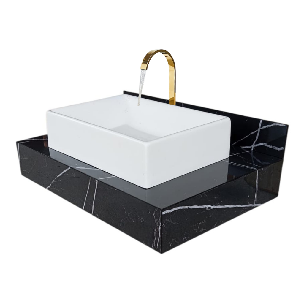BANCADA  EM PORCELANATO 60X40cm PRETO RAJADO PARA CUBA DE APOIO SOBREPOR PIA LAVATORIO BANHEIRO