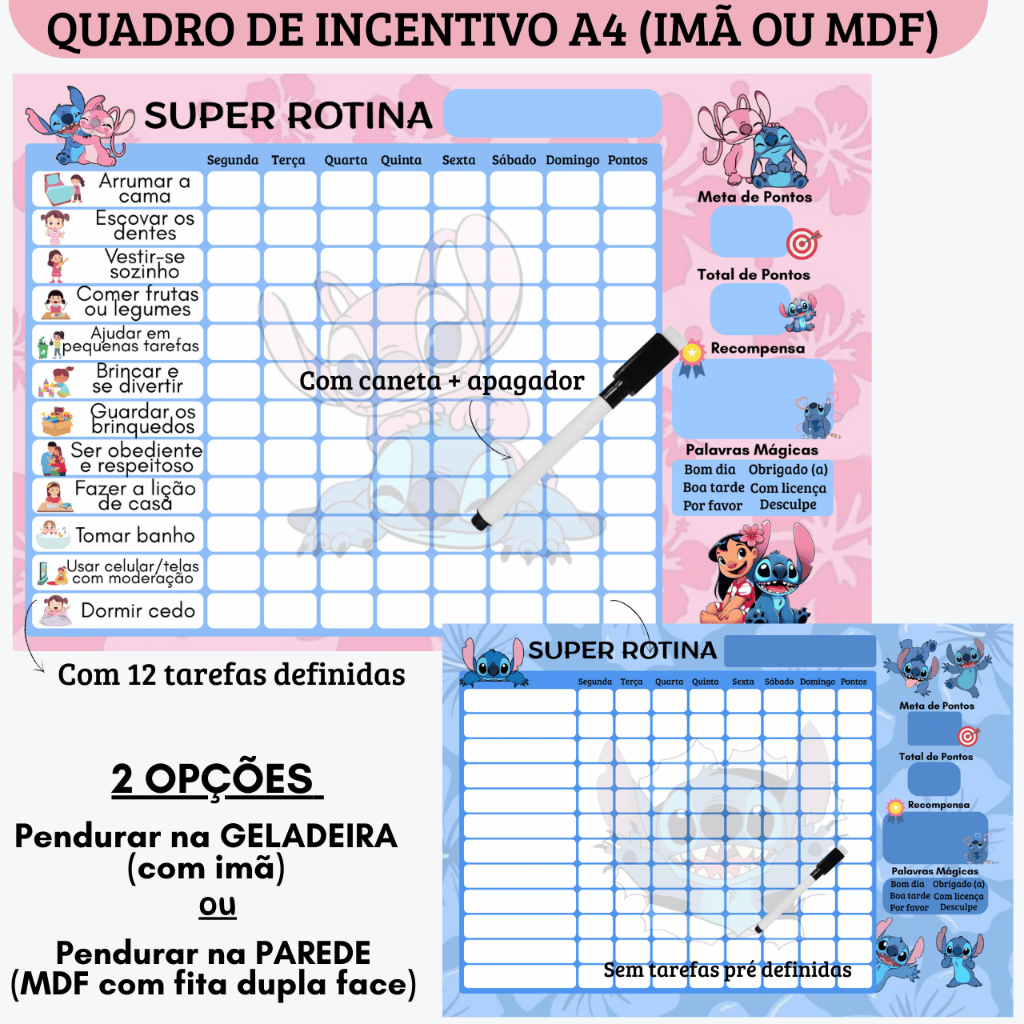 Quadro de Incentivo Rotina STITCH ANGEL + Caneta c/ Apagador (Imã p/ Geladeira ou MDF p/ Parede) - Tarefas, Atividades em Oferta na Shopee