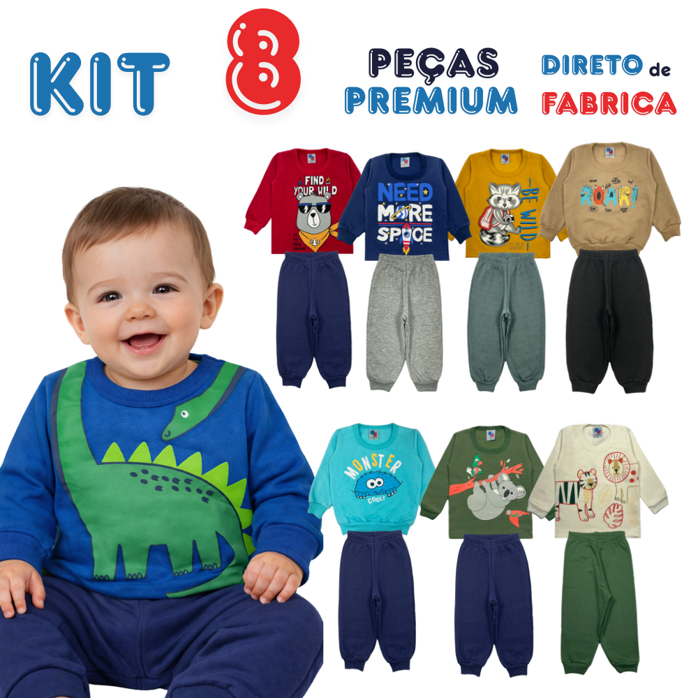 Kit 8 Peças Bebê Menino Inverno Moletom Felpado 4 Conjuntos Roupa Bebê P M G 1 a 9 Meses Kit 8 Peças Bebê Menino Inverno Moletom Felpado 4 Conjuntos Roupa Bebê P M G 1 a 9 Meses