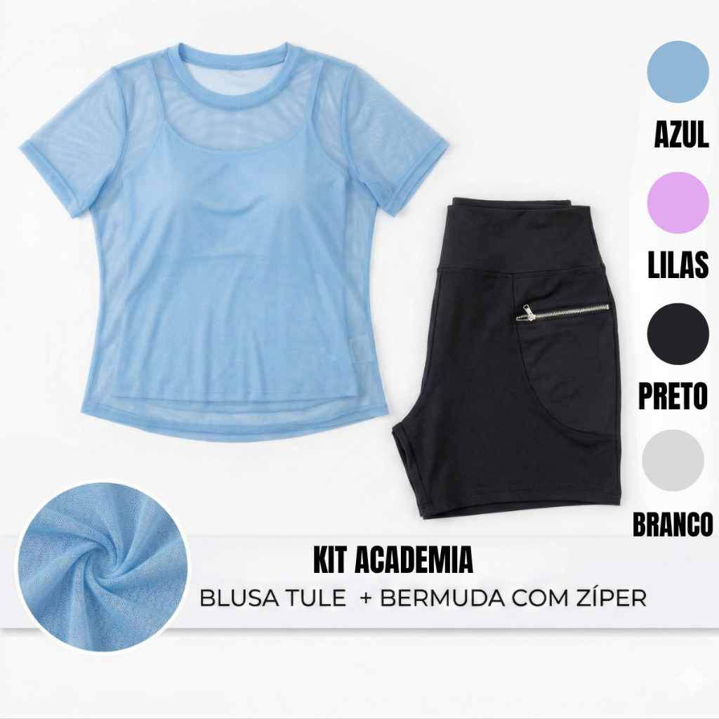 LANÇAMENTO KIT BLUSA TULE + BERMUDA SUPLEX ZIPER PLUS SIZE GG A G3