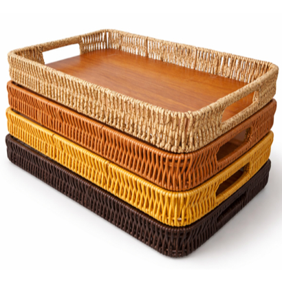 Bandeja Cesto Rattan Trama imita VIME RETANGULAR C\ Alça e fundo de Madeira