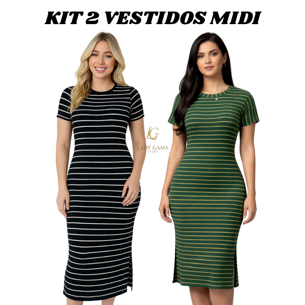 Kit 2 Vestidos Midi Listrado Feminino com Fenda Lateral Várias Cores Casual Moderno Moda Feminina em Oferta na Shopee