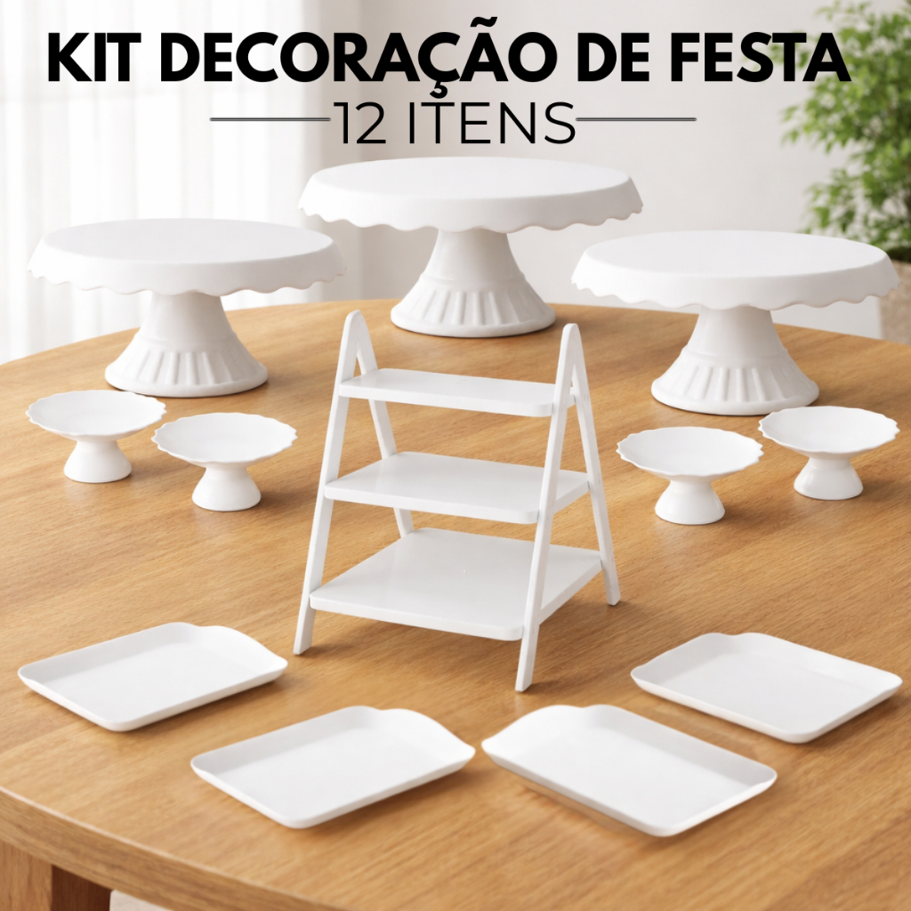 Kit Decoração Mesa de Festa 3 Boleiras Slim + 4 Suporte De Doces + 1 Escadinha + 3 Bandejas para Doces e Lembrancinhas em Oferta na Shopee