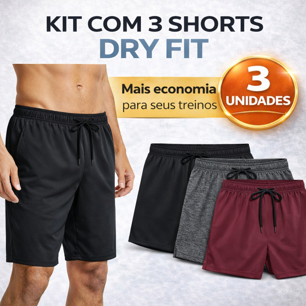 Kit 3 Shorts Masculino Dry Fit Poliamida com Elastano Academia Treino Corrida Confortável