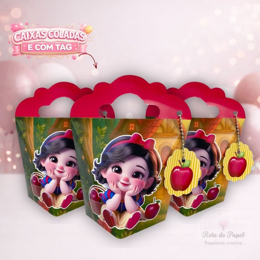 Caixa Coração Branca de Neve Baby com Tag | Lembrancinha Personalizada Festa Infantil Princesa | Caixinha para Doces