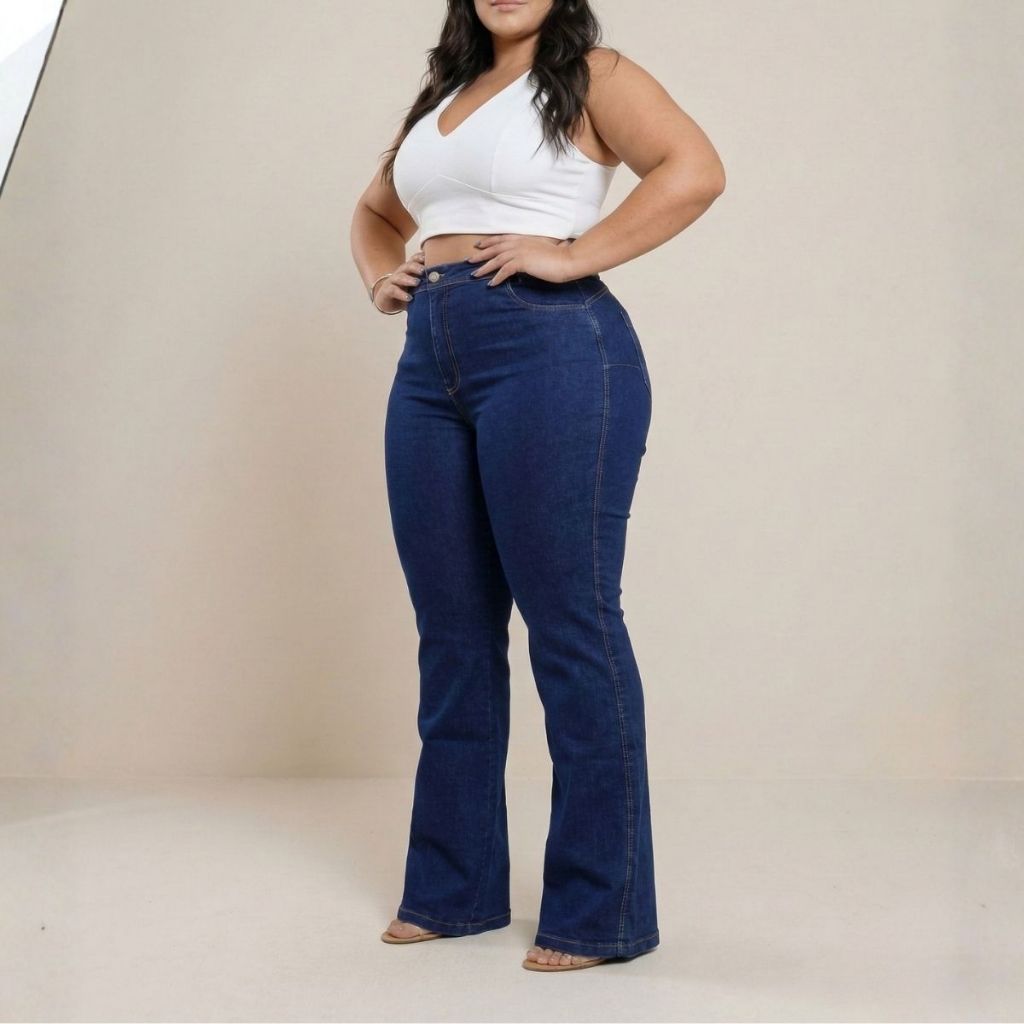 Calça Jeans Flare Plus Size Cintura Alta Lycra Elastano Premium Efeito Levanta Bumbum Curve Premier em Oferta na Shopee