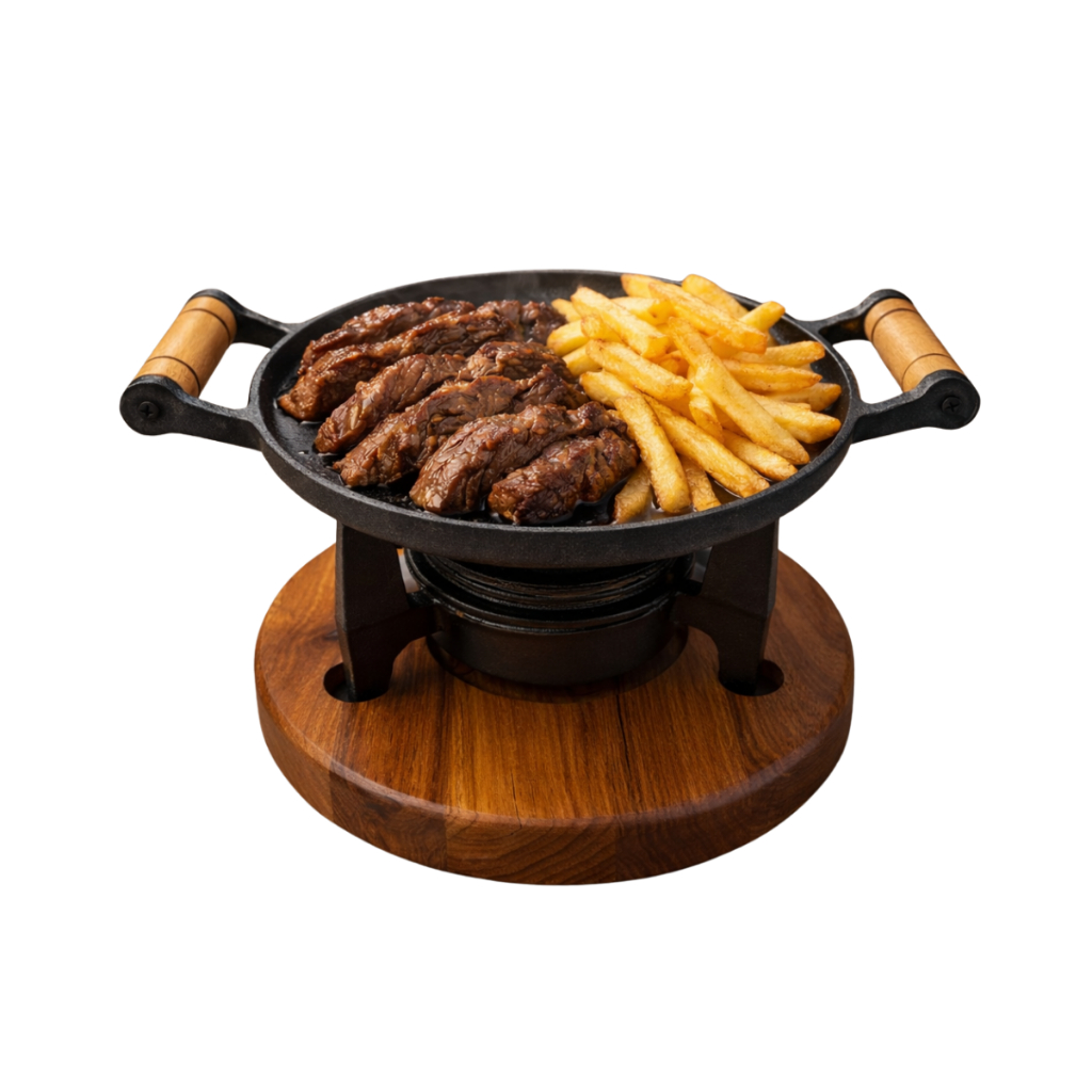 Chapa Bifeteira Ferro Fundido Fogareiro e Tábua de Madeira