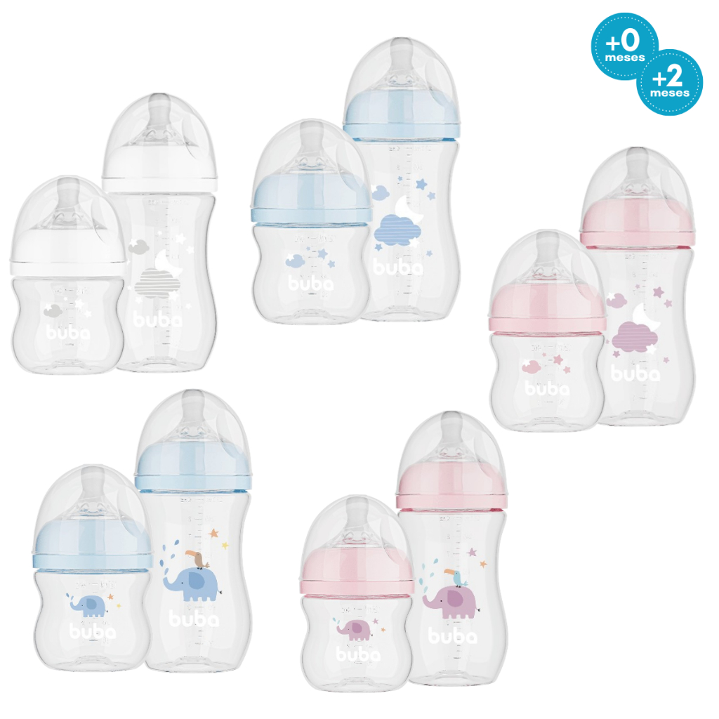 Kit 2 Mamadeiras Buba Anticólica Bico Pétala Silicone Macio Easy Flow Antivazamento 120/270 mL