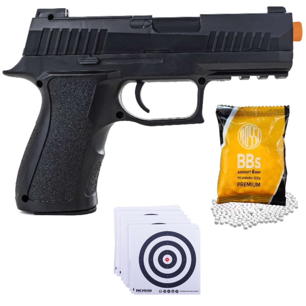 COMBO PISTOLA DE AIRSOFT ROSSI P320 V311 VIGOR SPRING MOLA 6MM + 150 BBs ROSSI + 10 ALVOS ROSSI.