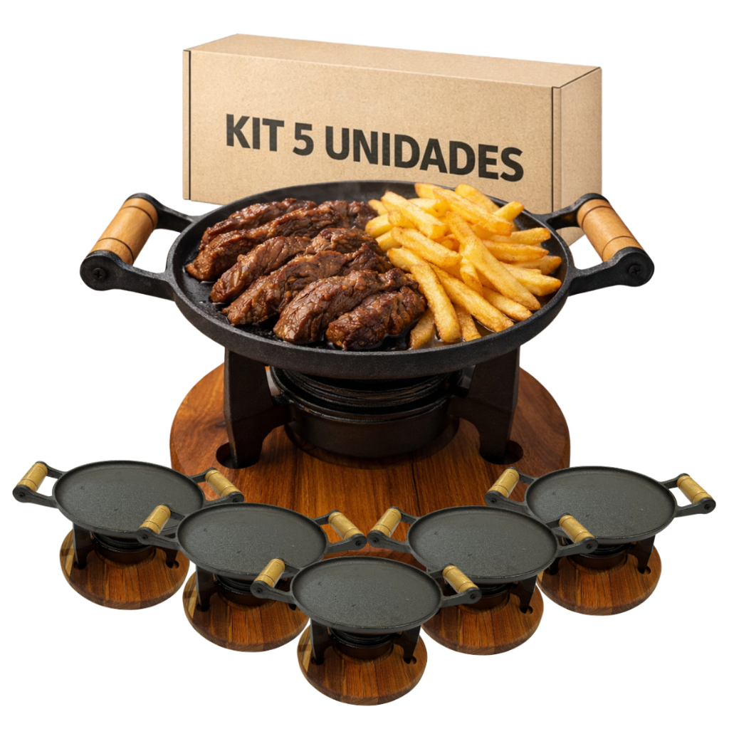 Kit 5 Chapa Bifeteira Ferro Fundido Fogareiro e Tábua de Madeira