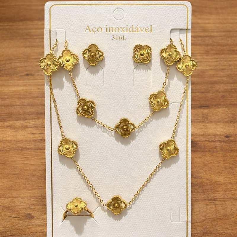 kit inspiração Trevo sorte Com Anel + Brincos + Colar + Pulseira Dourado em aço inoxidável