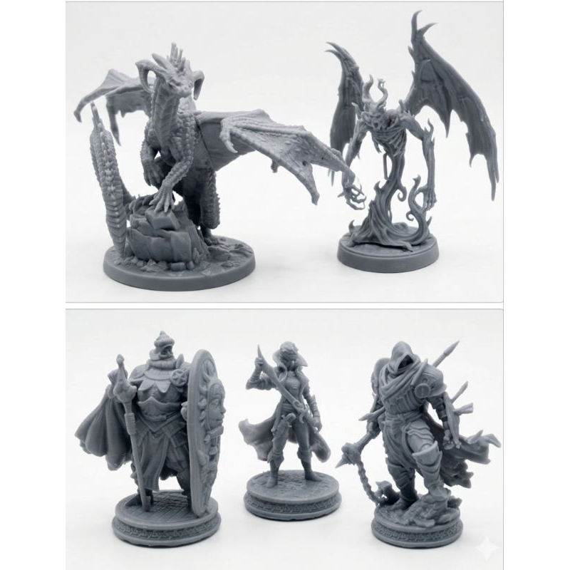 Kit Miniaturas RPG em Resina Sem Pintura – Dragão, Demônio, Paladino, Caçadora e Guerreiro | D&D Mesa RPG