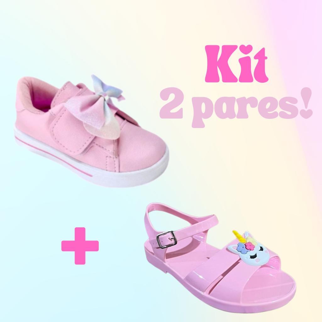 Kit 2 Pares Tênis e Sandália Infantil Menina Confortável com Solado Antiderrapante e Cores Variadas
