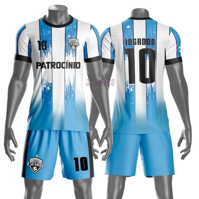 Uniforme personalizado jogador futebol amador esportivo camiseta e calção nome número escudo mod 56