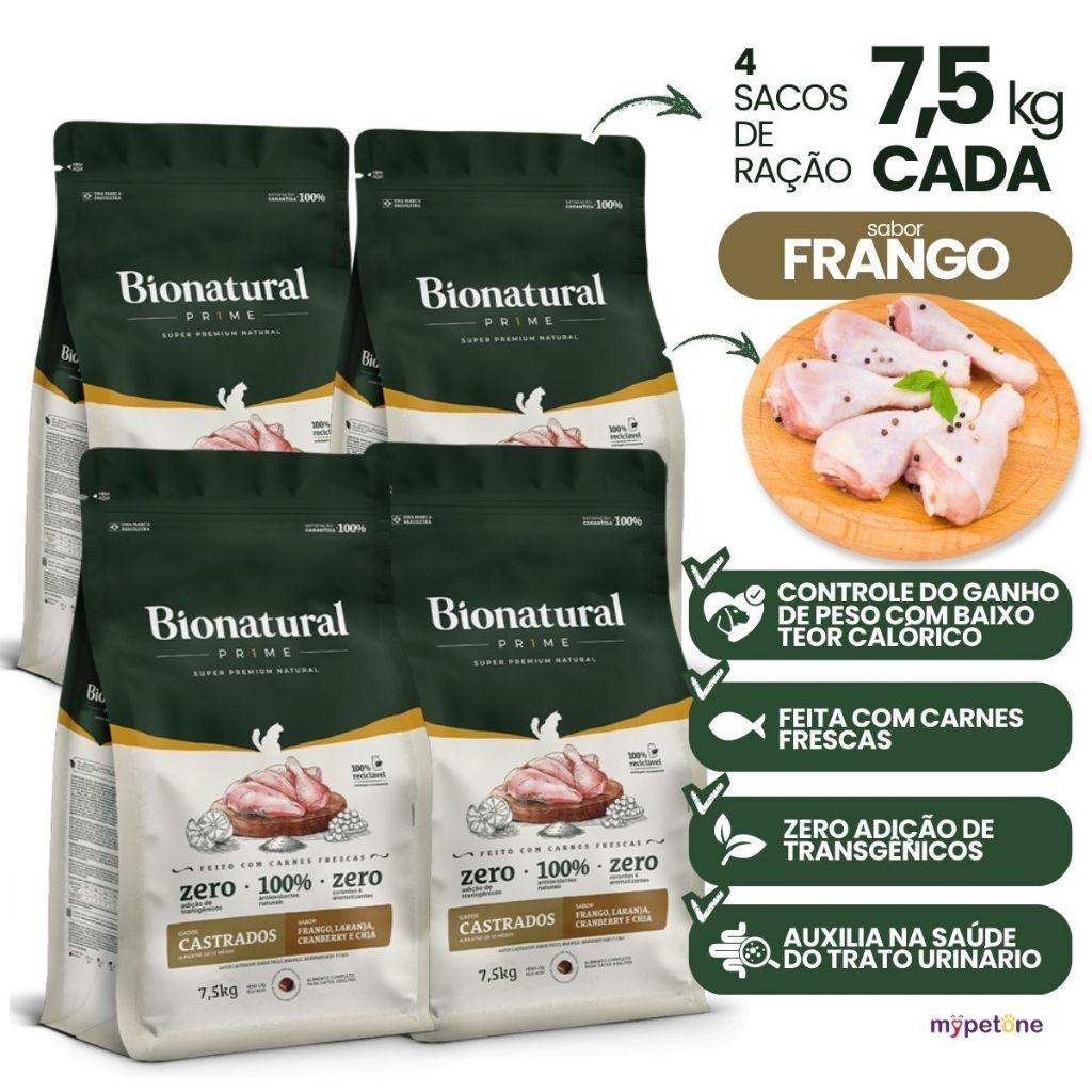 4 Ração Bionatural para Gatos Castrados Sabor Frango 7,5kg – Nutrição Completa Premium
