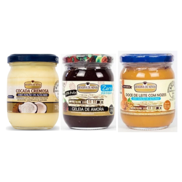 COMBO ZERO AÇUCAR DOCE DE LEITE COM NOZES + GELEIA DE AMORA + COCADA CREMOSA