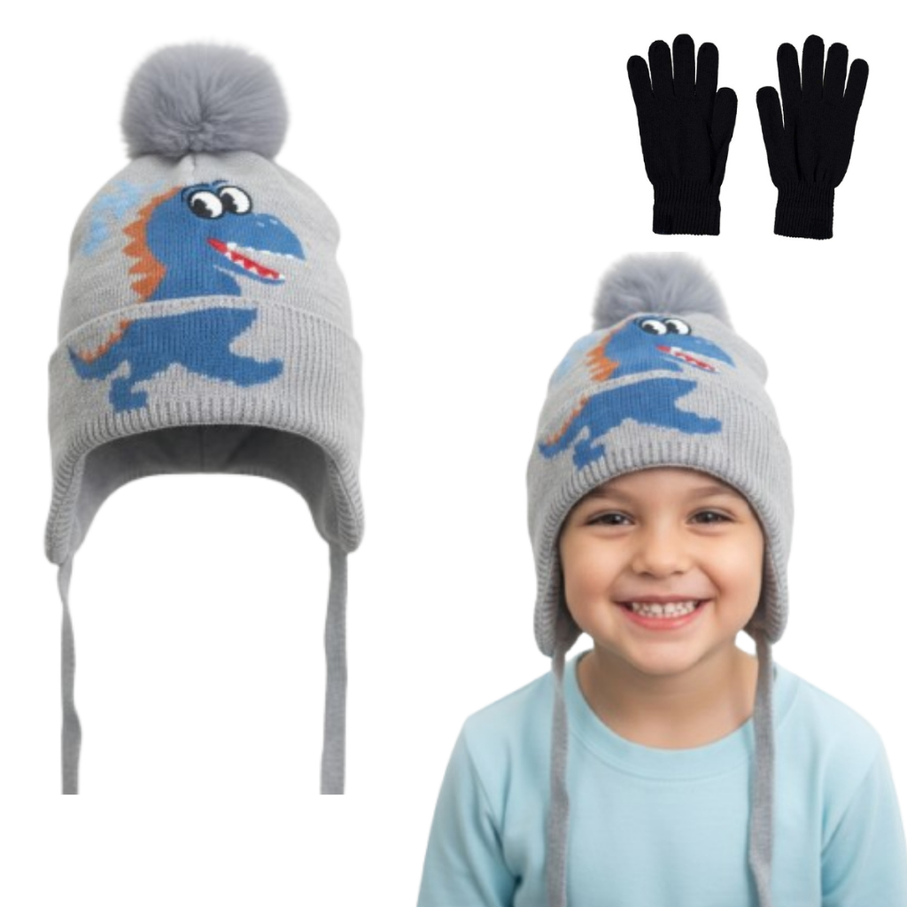 Touca Gorro de Inverno Frio Infantil Masculina Menino Dinossauro + Par de luvas