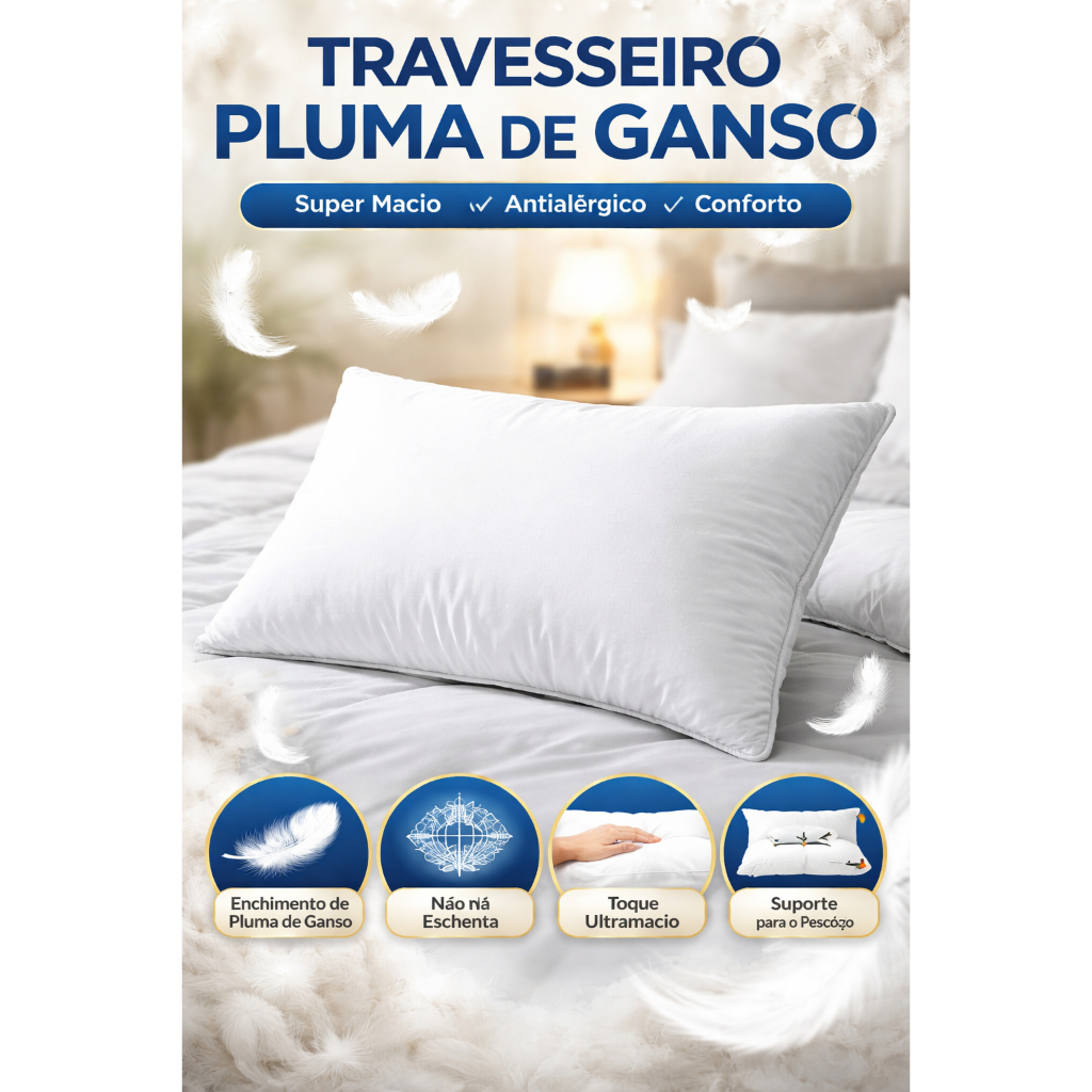 Kit Travesseiro Pluma de Ganso Macio Anti Alérgico 70x50 hotel confortavel Não Deforma Envio Imediato