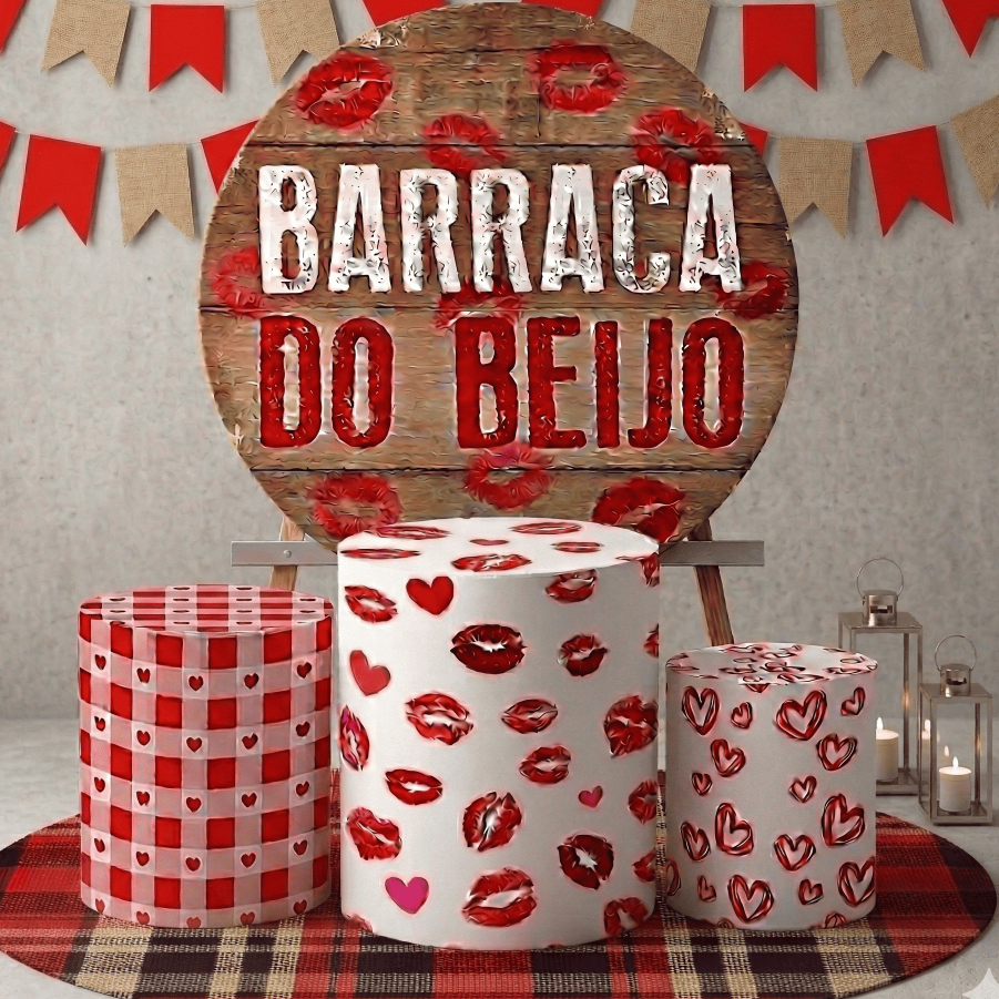 Capa Painel Redondo 1.50m + Trio Cilindro  Tema: Festa Junina Barraca do Beijo Romântica Sublimado Bibi
