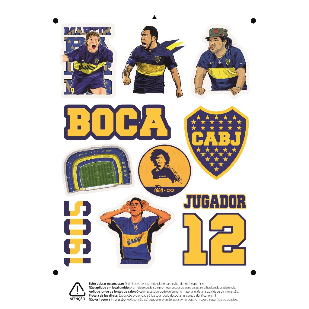 Kit Cartela 10 adesivo personalizado Boca Junior - Em vinil a prova d água