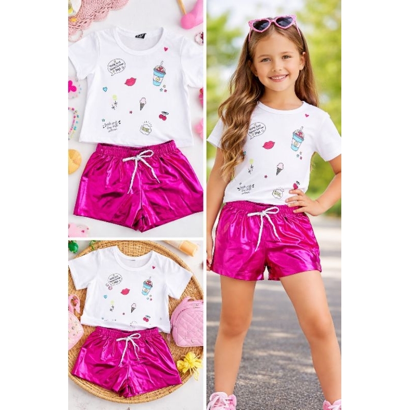 Conjunto Infantil Menina Camiseta Short Cropped Verão Feminino Roupa Infantil Escola Passeio Festa Volta às Aulas