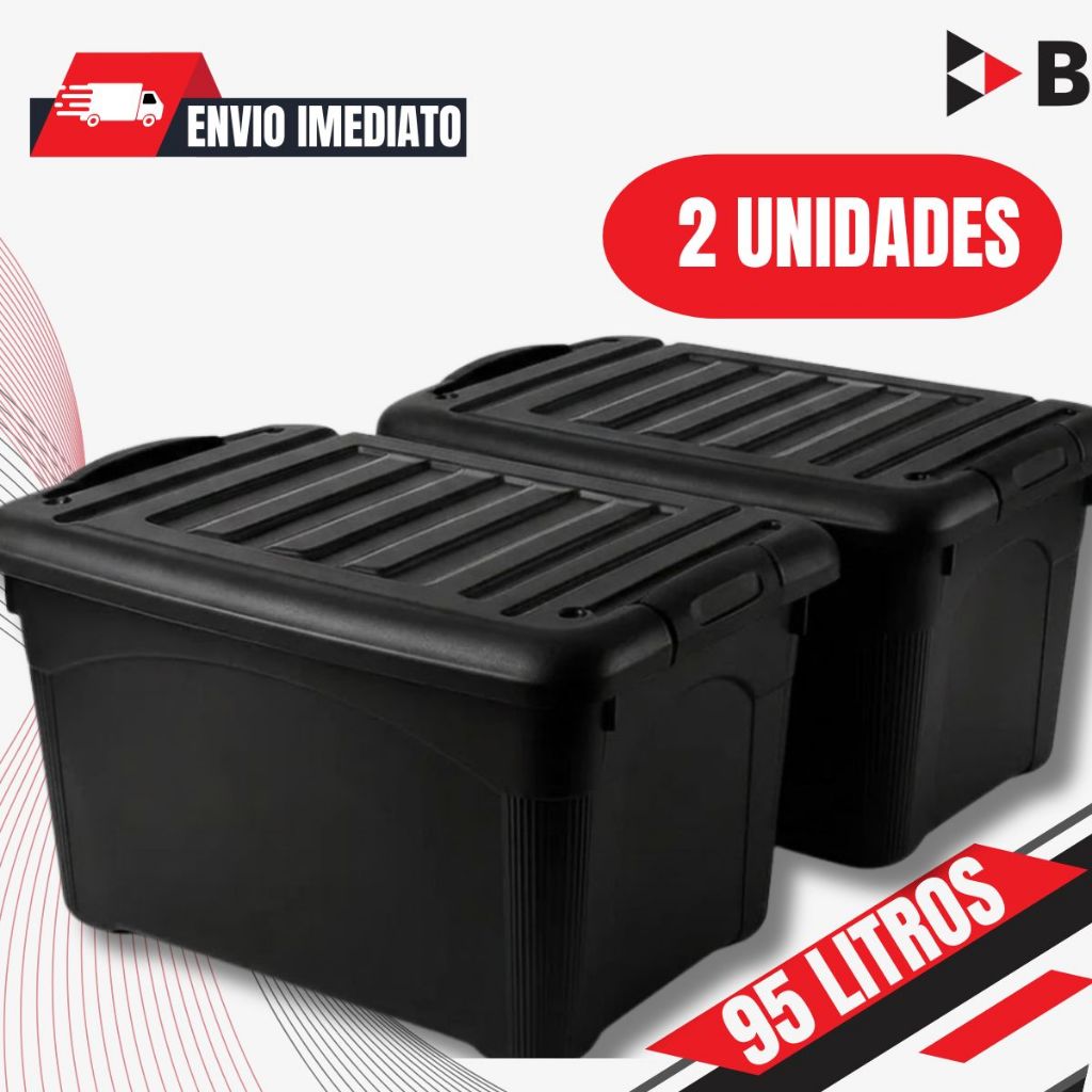 Kit 02 Unidades Caixa Organizadora Preta Injeplastec 95 Litros Com Travas Rodinhas e Alça