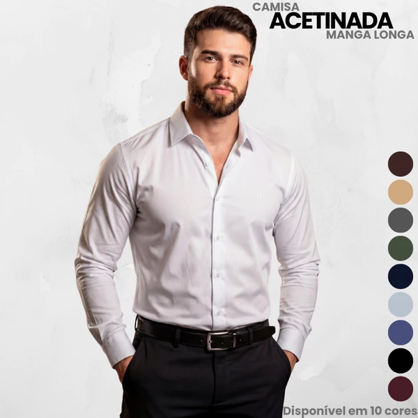 Camisa Social Masculina Acetinada Fibra de Bambu Manga Longa Tecido Premium Executivo
