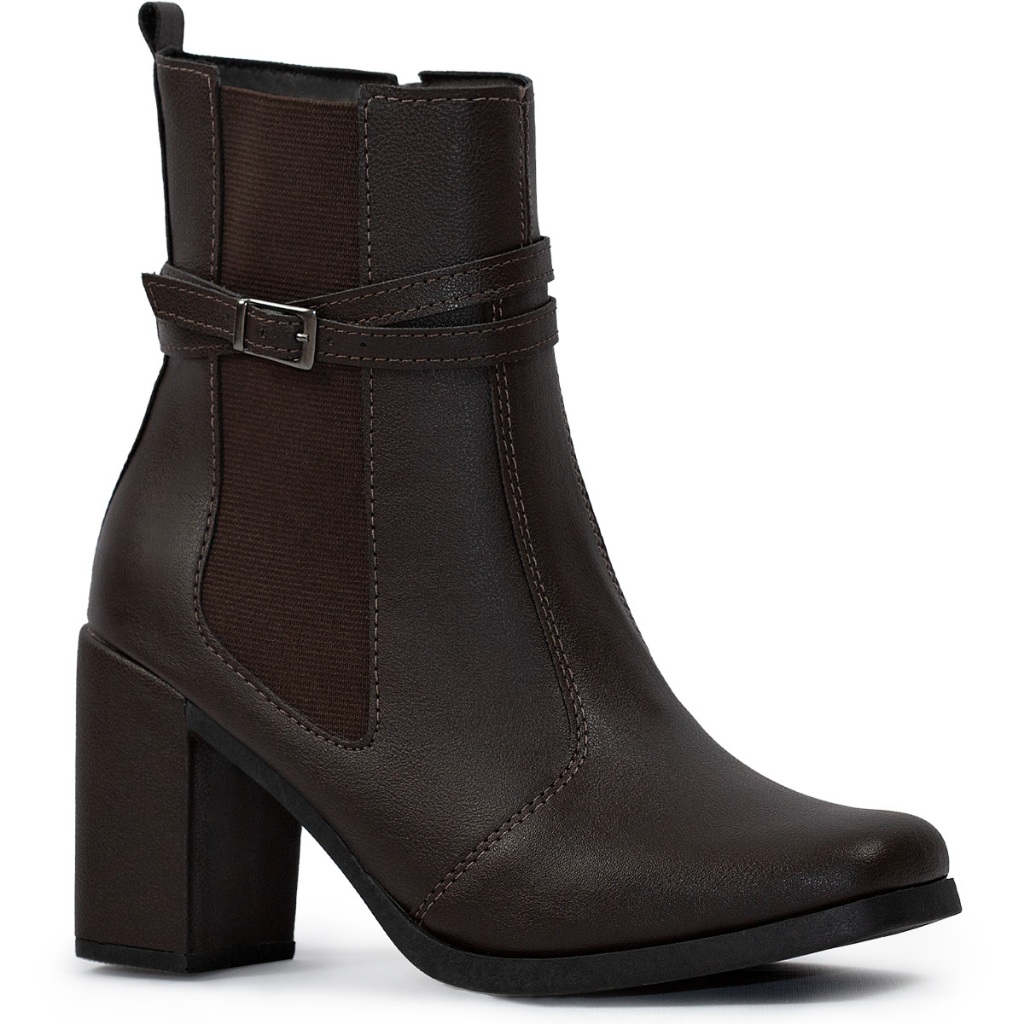 Bota Feminina Lumiss Salto Alto Bloco Confortável Cano Curto Elástico Zíper Blogueira Marrom