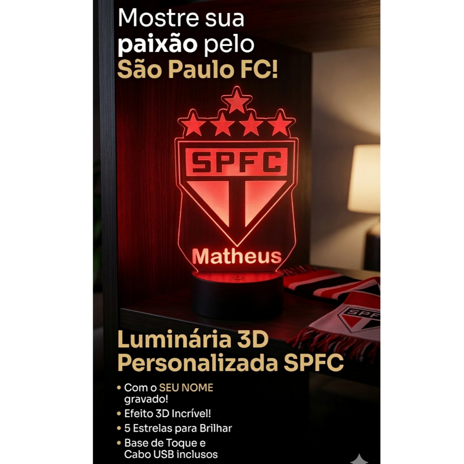 Luminaria São Paulo Futebol Clube personalizada para quarto  em acrilico de 3mm com base de led RGB