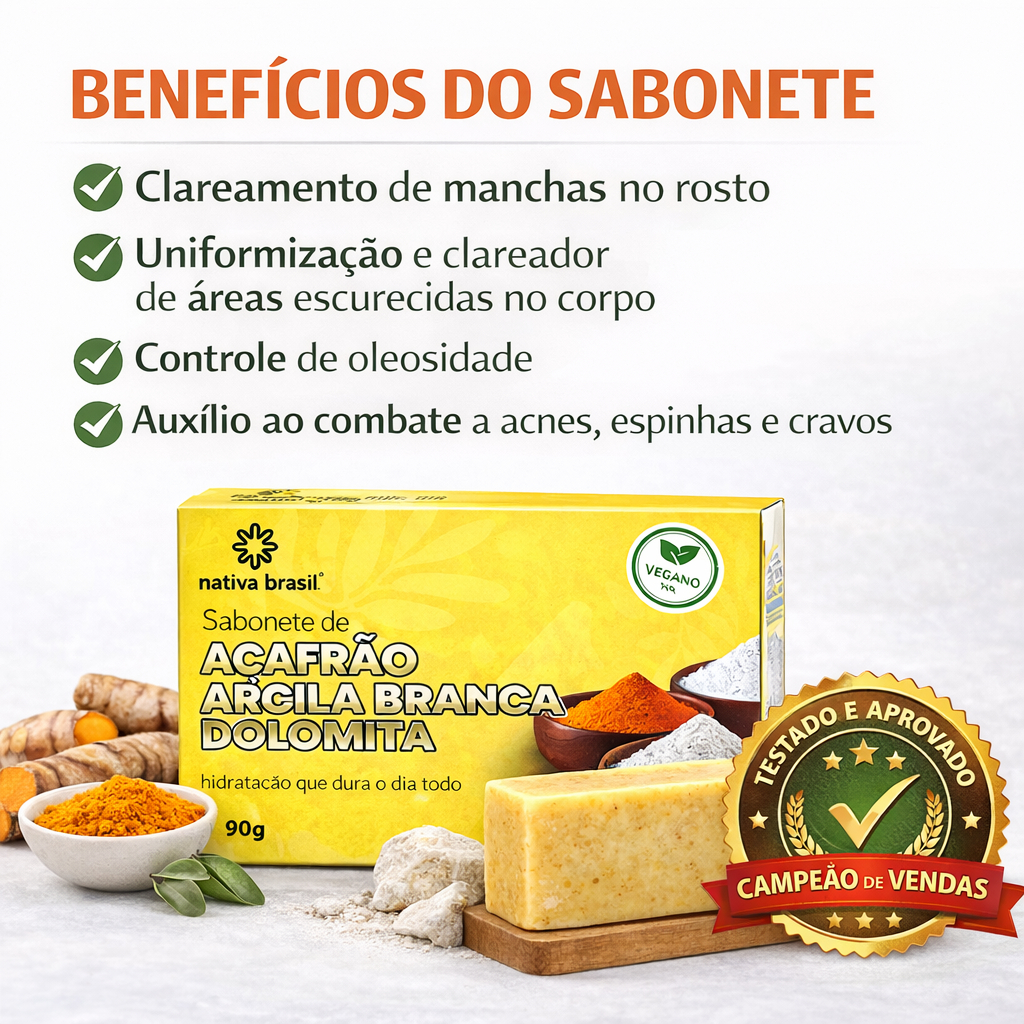Sabonete clareador natural Açafrão dolomita e argila branca para acnes manchas e regiões escurecidas
