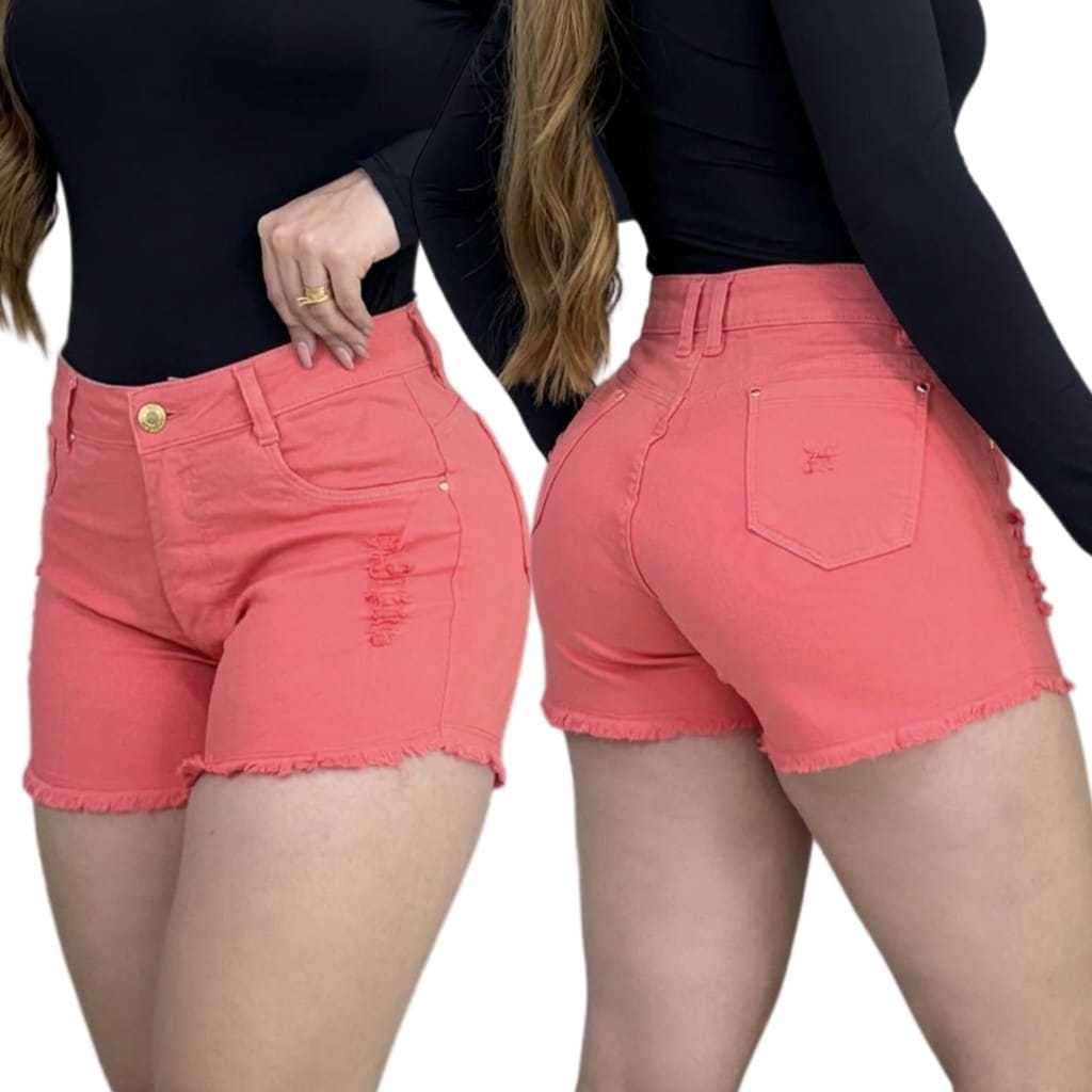 Short Jeans Salmão Feminino Cintura Alta Com Lycra Elastano Rasgado Levanta Bumbum Cós Alto em Oferta na Shopee