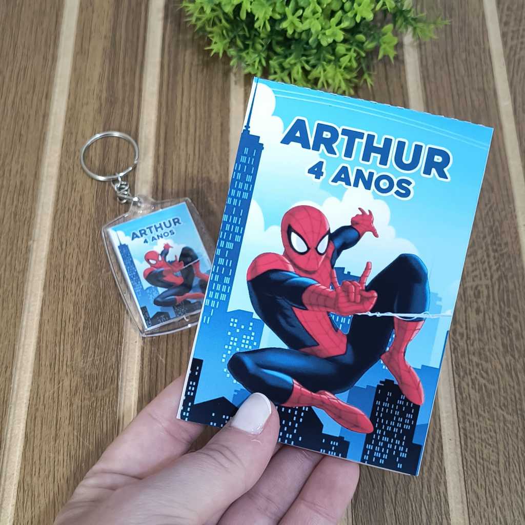 KIT 10 A 30 CHAVEIRO + BLOQUINHO PERSONALIZADO LEMBRANCINHA FESTA DE ANIVERSÁRIO HOMEM ARANHA - TODOS OS TEMAS