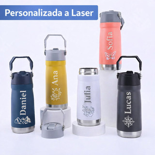 Garrafa Térmica Inox 650ml Personalizada com Alça e Canudo Com Nome Logo Time