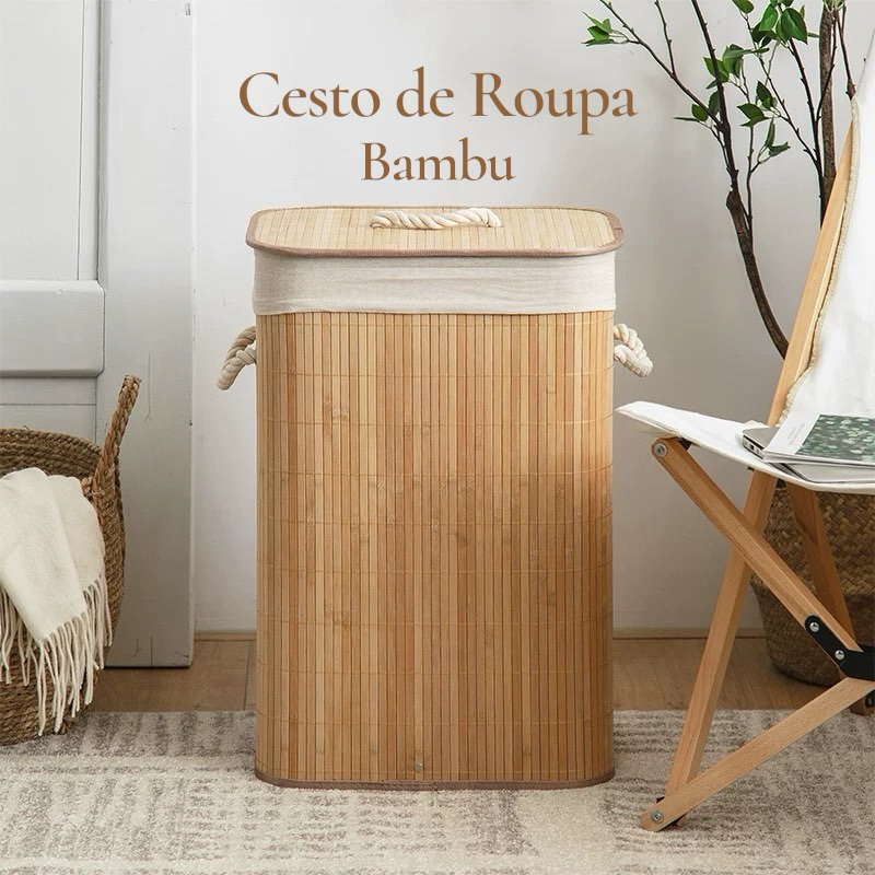 Cesto de Roupa Suja de Bambu com Tampa e Kit 3 Cestos Organizadores Multiuso em Oferta na Shopee