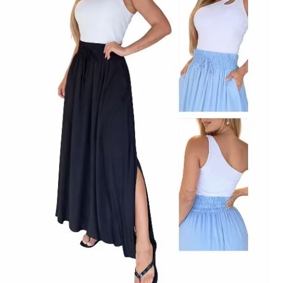 saia longa viscolinho com bolso  forrado fenda nas laterais  moda femenina casual evangélica
