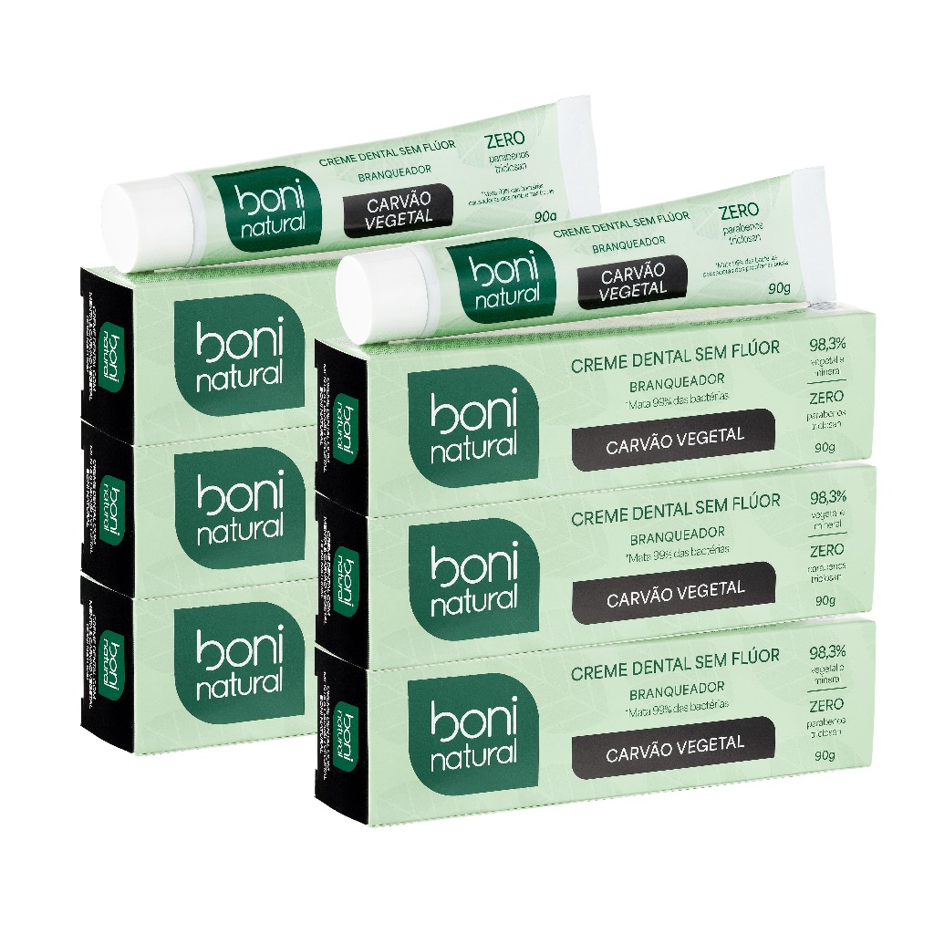 Kit 6 Cremes Dentais Menta e Carvão Vegetal 90g Boni Natural