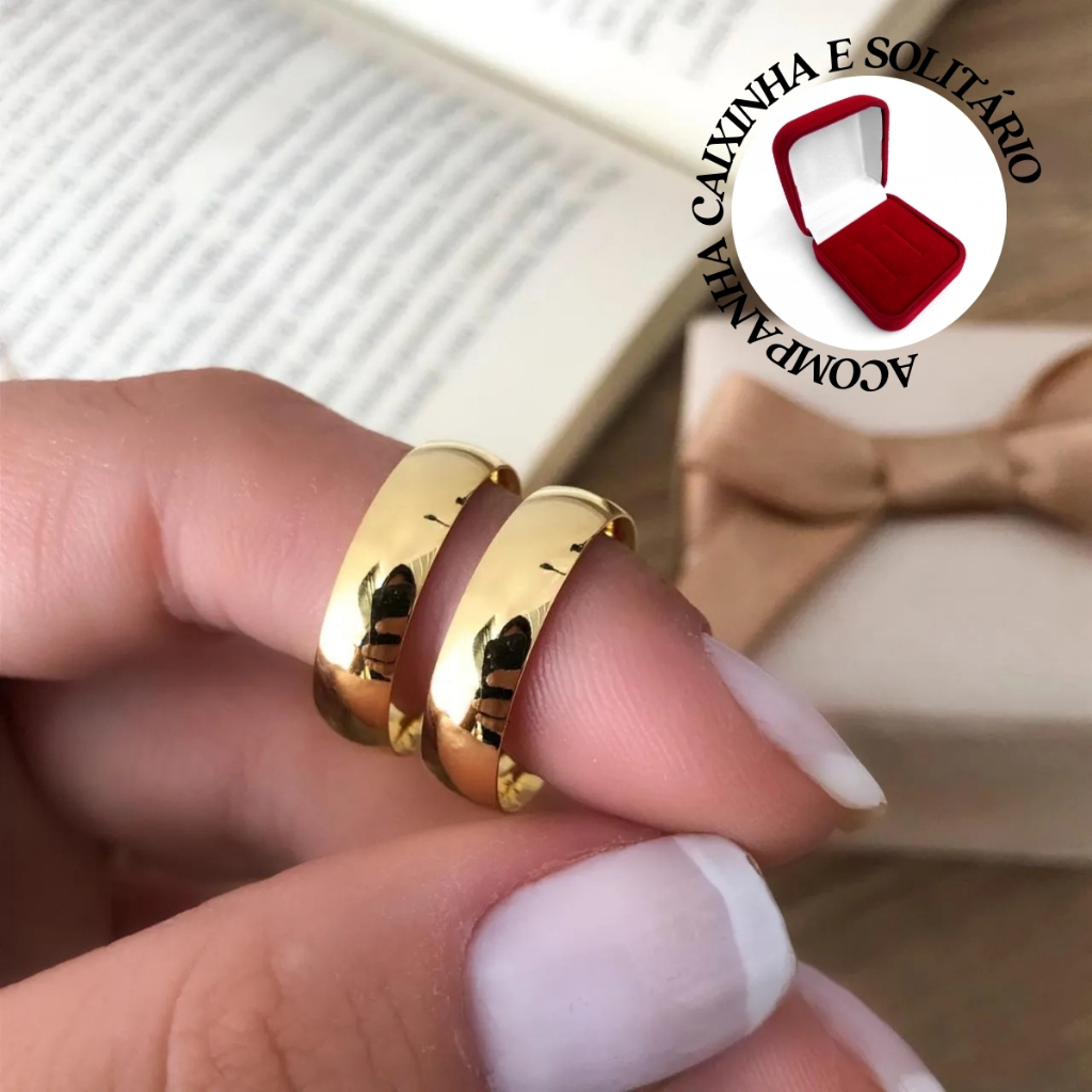 Par de Aliança Banhada a Ouro 24K Tradicional 6mm Noivado Casamento + Solitário + Caixinha - 3 Anos Garantia em Oferta na Shopee