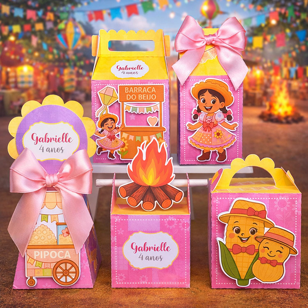 Kit Caixinhas Personalizadas Festa Junina Rosa | Pegue e Monte | Lembrancinha Aniversário e Festa Infantil