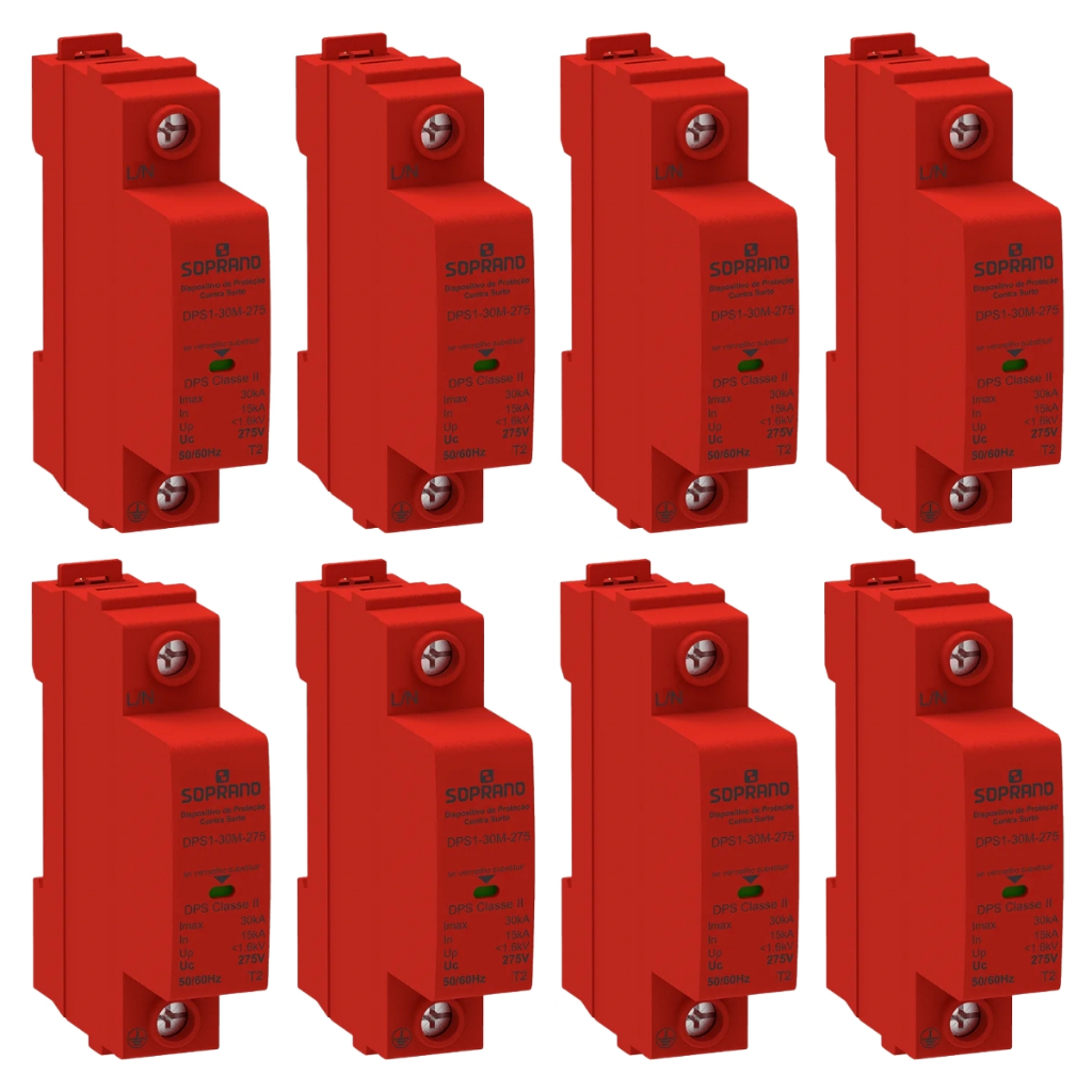 Kit 8 Dispositivo Protetor Contra Surtos Anti Raio Dps Monobloco 1P 15-30KA 275VAC - DPS1-30M-275