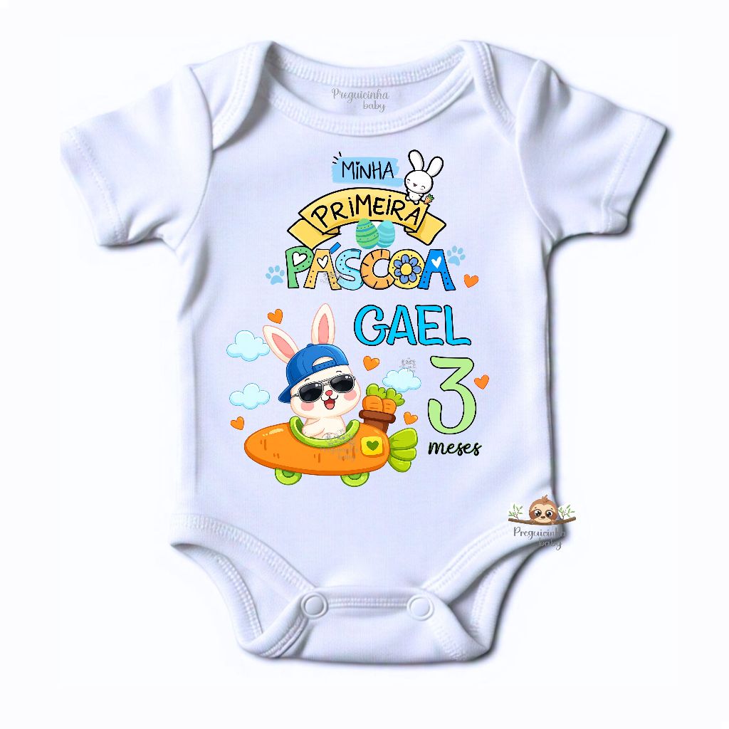 Body bebê Personaliza Minha primeira pascoa coelho da pascoa com nome e mesversario em Oferta na Shopee