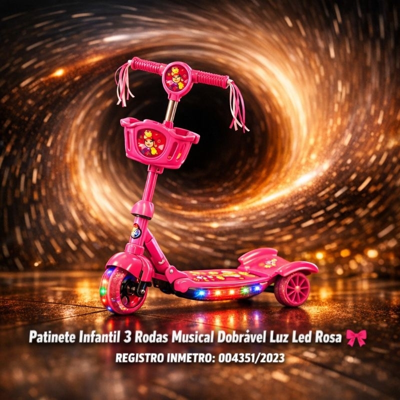 🛴Patinete Infantil 3 Rodas Musical Dobrável Luz Led Rosa🎀barato aniversario ajustavel seguro criança