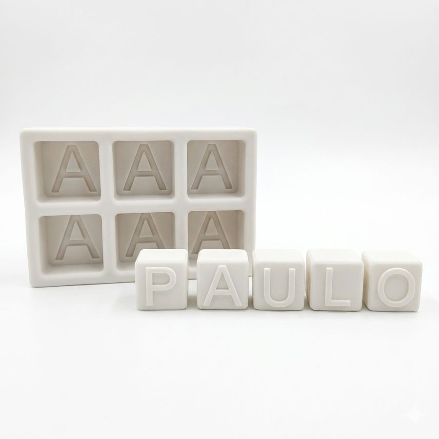 Molde de Silicone 6 Cubos com Letra Inicial Mini Lembrancinha Sabonete Vela Resina Gesso Artesanato